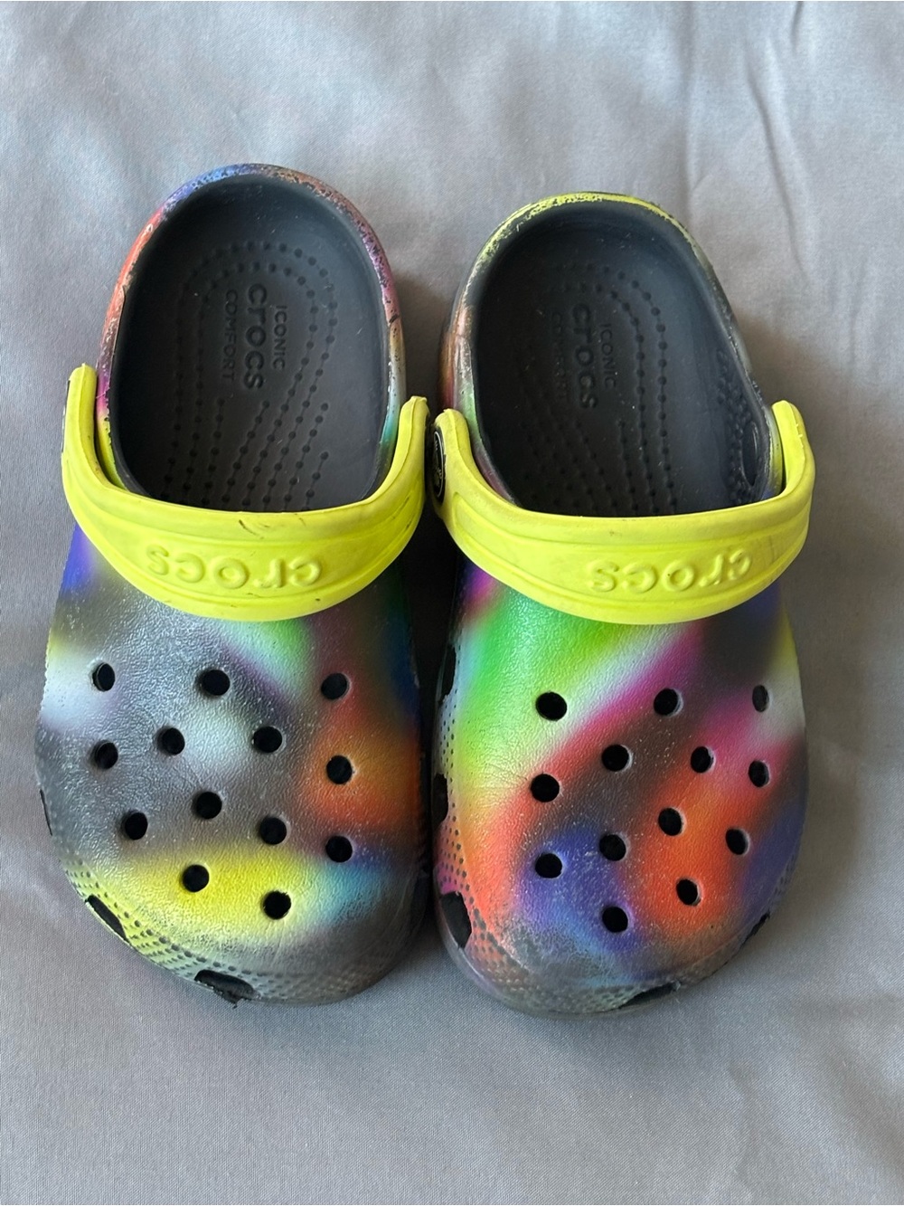 CROCS Kids Clog with Neon Yellow Strap and Rainbow Spray